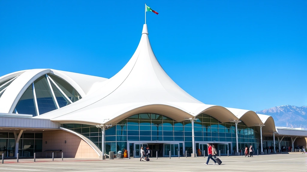 Denver International Airport modern architecture exterior, distinctive white tent-like roof design, mountains visible in background, clear blue sky, travelers approaching entrance with luggage
