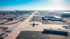 Aerial view of Boston Logan International Airport with aircraft on tarmac, city skyline visible, bright daylight, professional photography