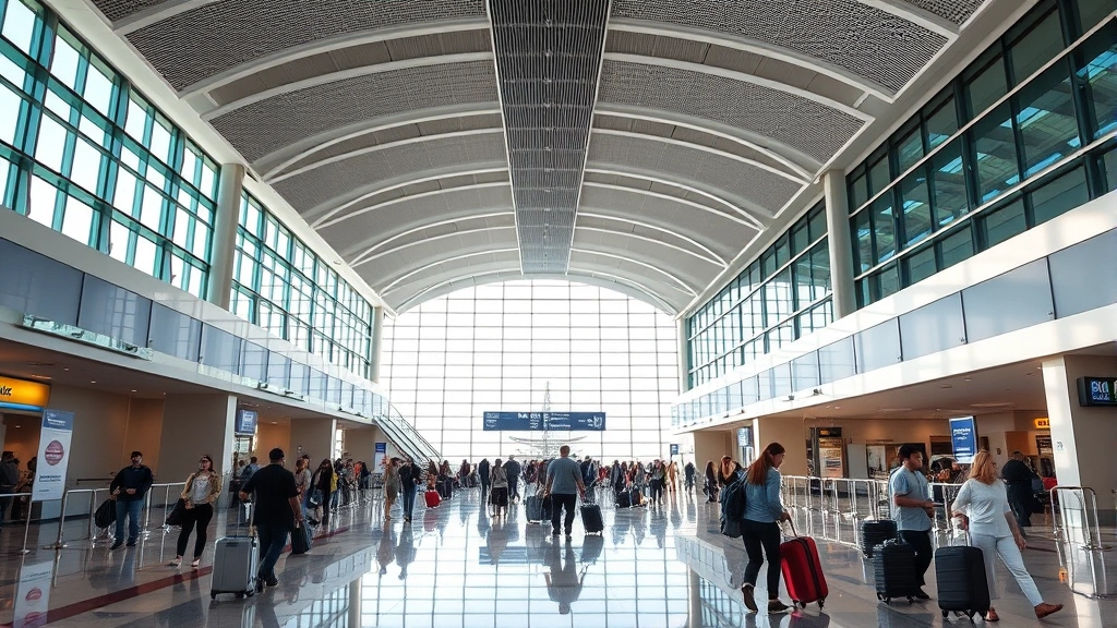 Modern Miami International Airport terminal interior with contemporary architecture, travelers with luggage, natural lighting from large windows, bustling airport atmosphere