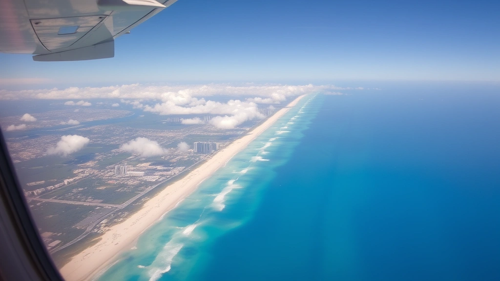 Scenic aerial photograph of Florida coastline showing Miami beaches and ocean, taken from commercial aircraft window at cruising altitude, tropical turquoise waters visible