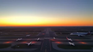 Aerial view of Boston Logan International Airport at sunrise with runway lights, commercial aircraft lined up, New England landscape visible in background, professional aviation photography