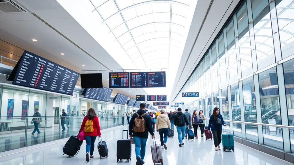Modern airport terminal interior showing departure boards, passengers with luggage walking through glass corridor, blue and white contemporary airport design, bright natural lighting from skylights