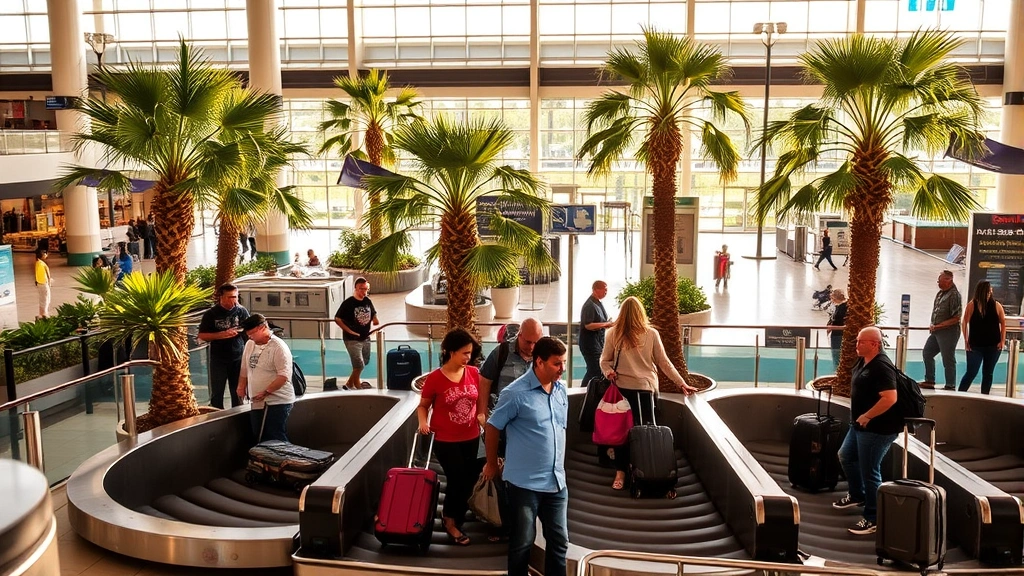 Orlando International Airport baggage claim carousel with travelers collecting luggage, tropical plants and modern architecture visible, warm afternoon lighting, bustling travel scene