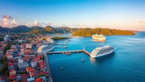 Aerial view of San Juan harbor with colorful colonial buildings and turquoise Caribbean waters, cruise ships in port, lush green hills beyond, golden hour lighting