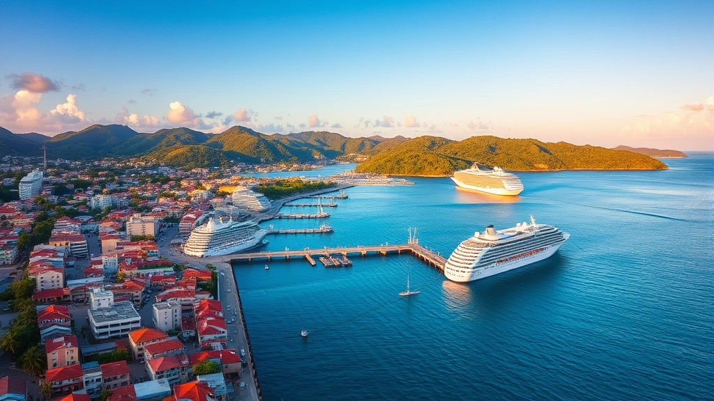Aerial view of San Juan harbor with colorful colonial buildings and turquoise Caribbean waters, cruise ships in port, lush green hills beyond, golden hour lighting