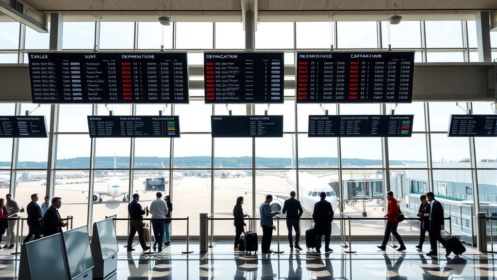 Modern airport terminal with passengers checking in, departure boards displaying flight information, large windows showing aircraft parked at gates, natural daylight