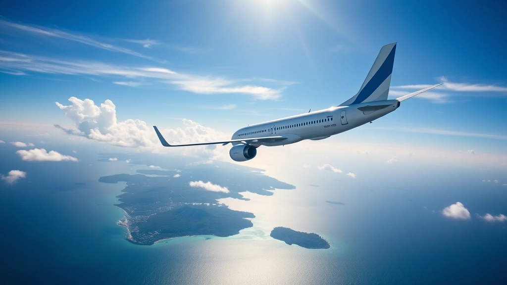 Boeing 737 commercial aircraft banking over tropical ocean with Puerto Rico coastline visible below, bright blue sky, white clouds, morning sunlight illuminating fuselage