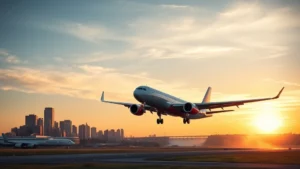 Modern commercial aircraft ascending from runway with Buffalo skyline and Niagara Falls visible in background during golden hour, photorealistic aviation photography