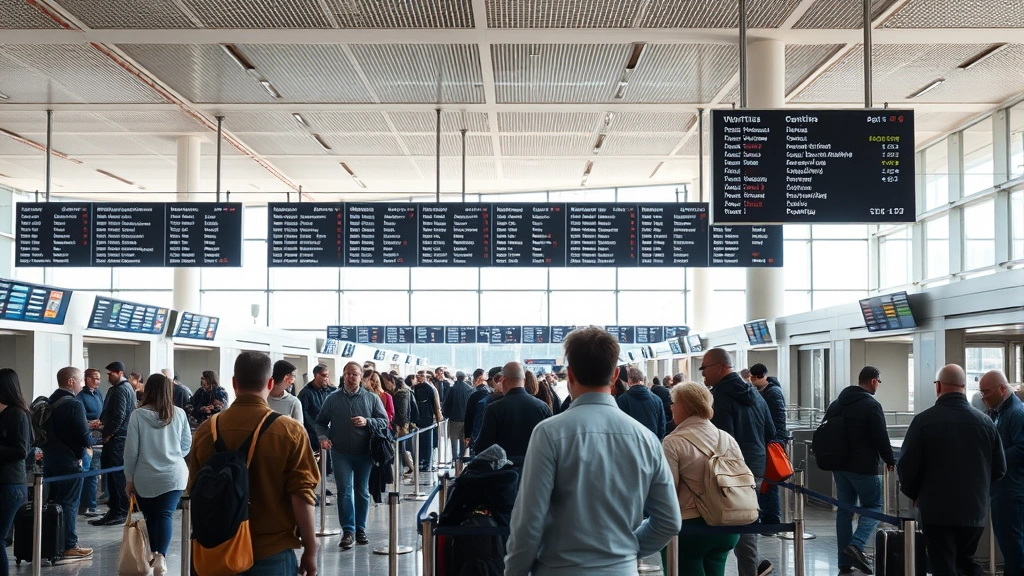 Busy airport terminal interior with passengers checking in at counters, departure boards displaying multiple destinations, natural daylight from windows, realistic travel scene