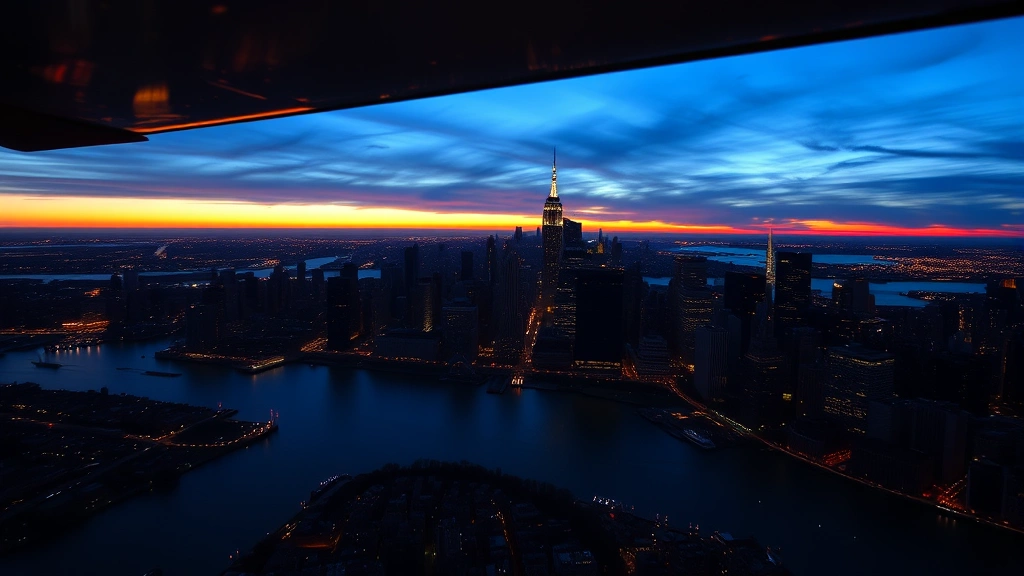 Manhattan skyline at sunset viewed from aircraft window with Hudson River below, NYC skyscrapers illuminated, realistic aerial photography of New York City