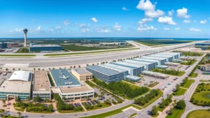 Aerial panoramic view of Orlando International Airport showing multiple terminal buildings with palm trees, blue sky, and Florida landscape in daylight