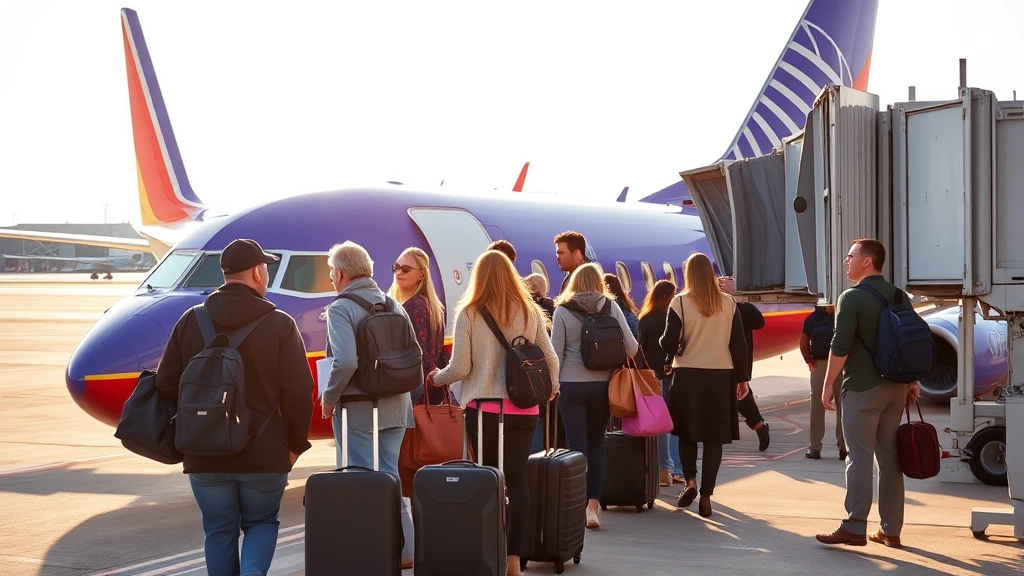Commercial passengers boarding a Southwest or United aircraft at an airport gate with jet bridge, showing diverse travelers with luggage in morning light