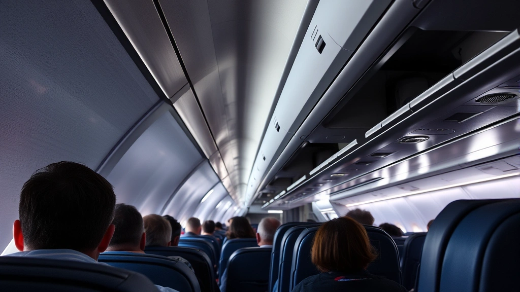 Interior cabin view of commercial aircraft during flight with passengers seated in economy class, overhead bins, aisle visible, window seat with clouds outside