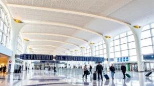 Burbank airport terminal interior with modern architecture, departure boards showing flight information, travelers with luggage standing in bright, contemporary airport space