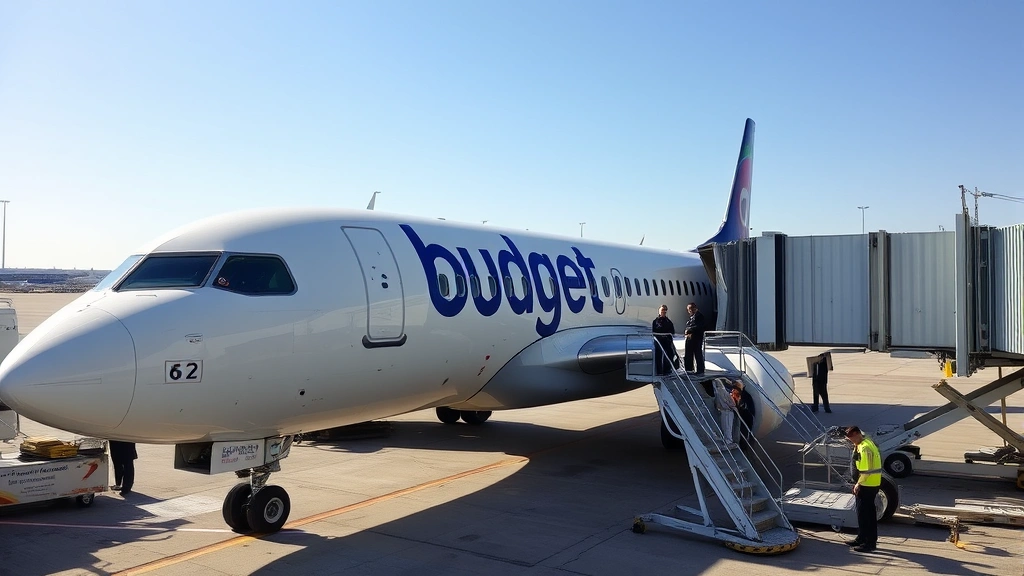 Budget airline aircraft parked at gate with ground crew conducting maintenance, showing modern narrow-body jet in bright daylight at commercial airport terminal