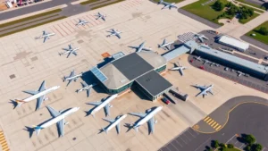 Overhead aerial view of Charlotte Douglas International Airport (CLT) with aircraft parked at gates, showing the modern terminal building and surrounding grounds on a clear sunny day