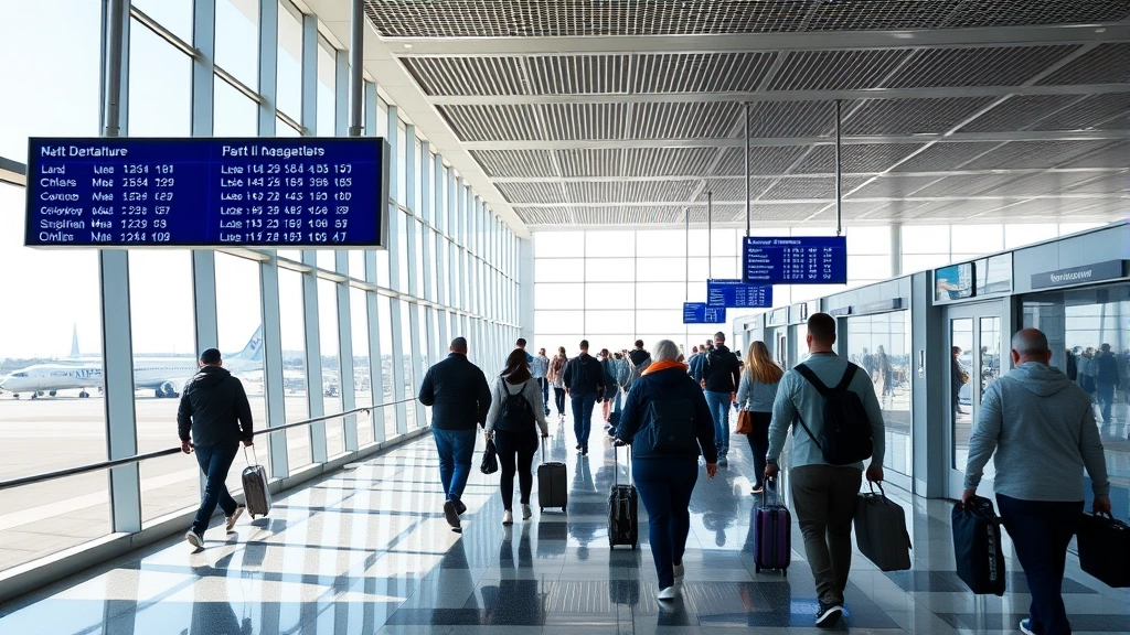 Passengers walking through a bright, modern airport terminal corridor with large windows showing aircraft outside and blue departure sign displays overhead
