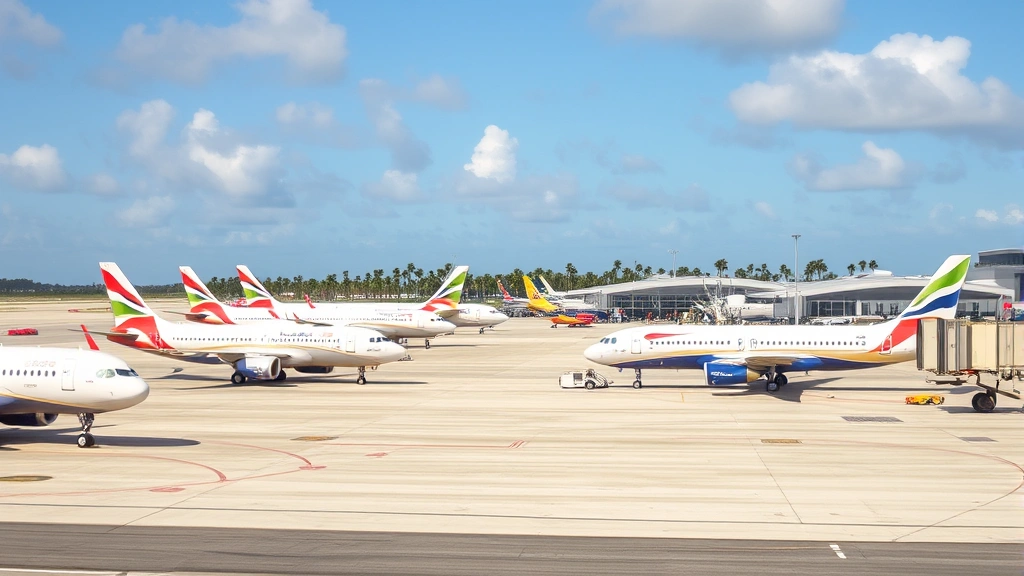 Miami International Airport (MIA) tarmac with multiple commercial aircraft lined up, tropical palm trees visible in the background, bright Florida sunshine