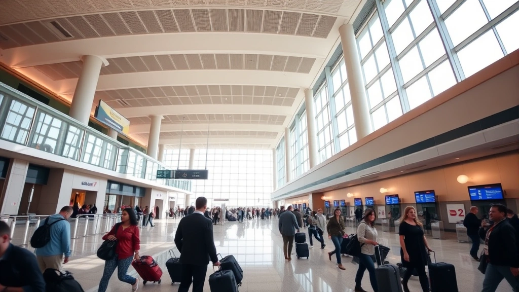 Wide-angle view of Chicago O'Hare International Airport departure hall with modern architecture, travelers with luggage, bright natural light from large windows, bustling atmosphere with airline counters visible in background