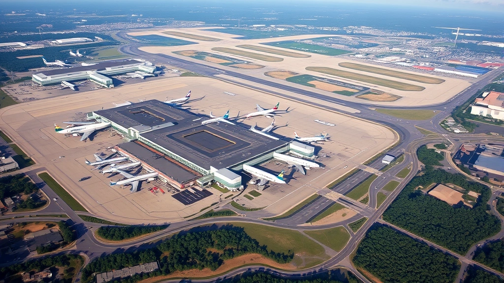 Aerial photograph of Atlanta Hartsfield-Jackson International Airport showing terminal buildings, multiple aircraft at gates, sprawling runways, and surrounding landscape with trees and roads, daytime shot
