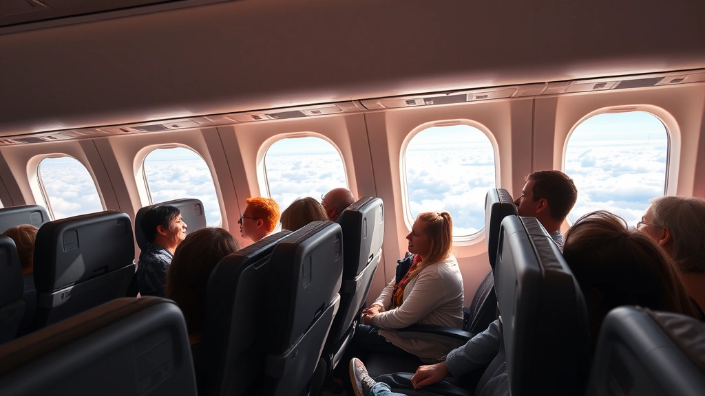 Modern airplane cabin interior during flight showing economy class seating, window seat view of clouds and sky below, passengers in seats with overhead compartments, natural sunlight streaming through windows