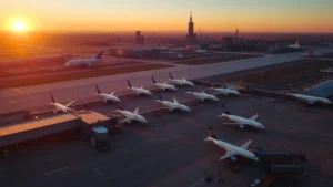 Aerial view of Chicago O'Hare International Airport at sunset with multiple aircraft lined up at gates, cityscape visible in background, warm golden hour lighting