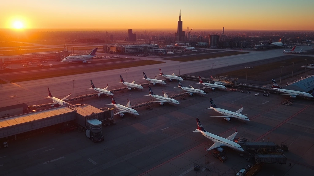 Aerial view of Chicago O'Hare International Airport at sunset with multiple aircraft lined up at gates, cityscape visible in background, warm golden hour lighting