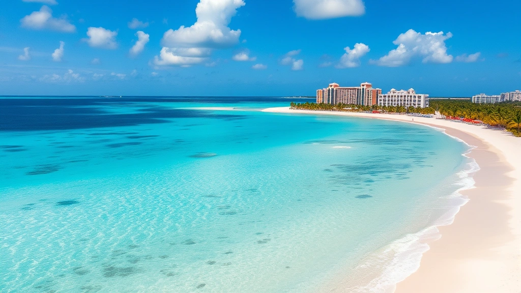 Turquoise Caribbean waters and white sand beach in Cancun with resort buildings and palm trees, crystal clear water perfect for vacation imagery