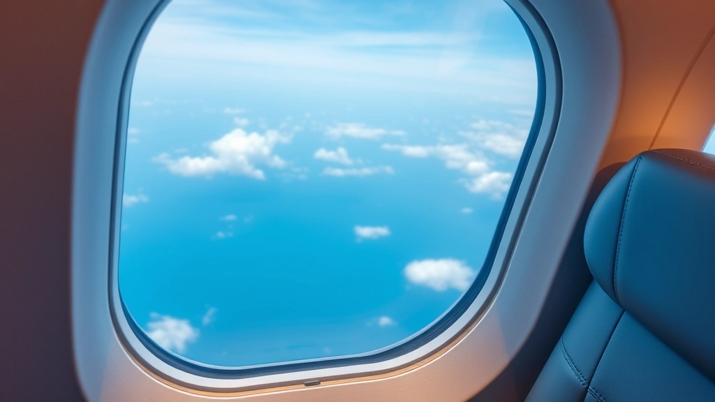 Modern airplane cabin interior during flight with window showing clouds and ocean below, comfortable seating and cabin lighting visible