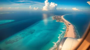 Aerial view of Cancun's turquoise Caribbean waters meeting white sand beaches with resort hotels dotting the coastline, shot from aircraft window during golden hour, photorealistic, tropical paradise aesthetic