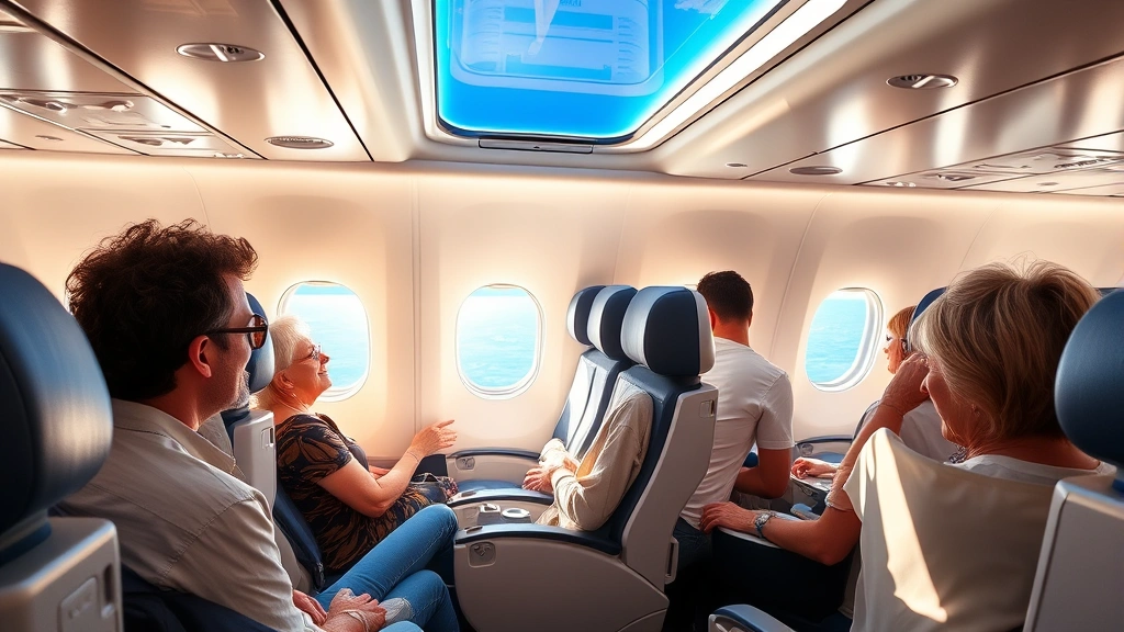 Modern aircraft cabin interior during flight with passengers relaxed in seats, blue ocean visible through windows, bright daylight streaming in, comfortable and spacious feeling