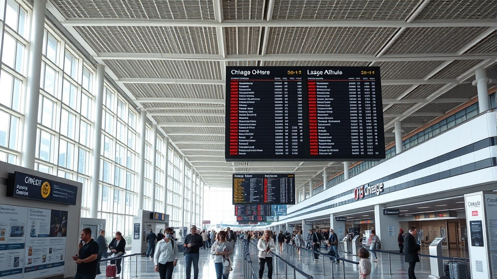 Chicago O'Hare Airport terminal interior showing departure boards, travelers with luggage, modern architecture, busy but organized airport atmosphere, photorealistic daytime scene