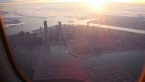 Aerial photograph of Chicago downtown skyline with Lake Michigan shoreline, skyscrapers, and O'Hare/Midway airport area visible from commercial aircraft window at sunrise with golden light