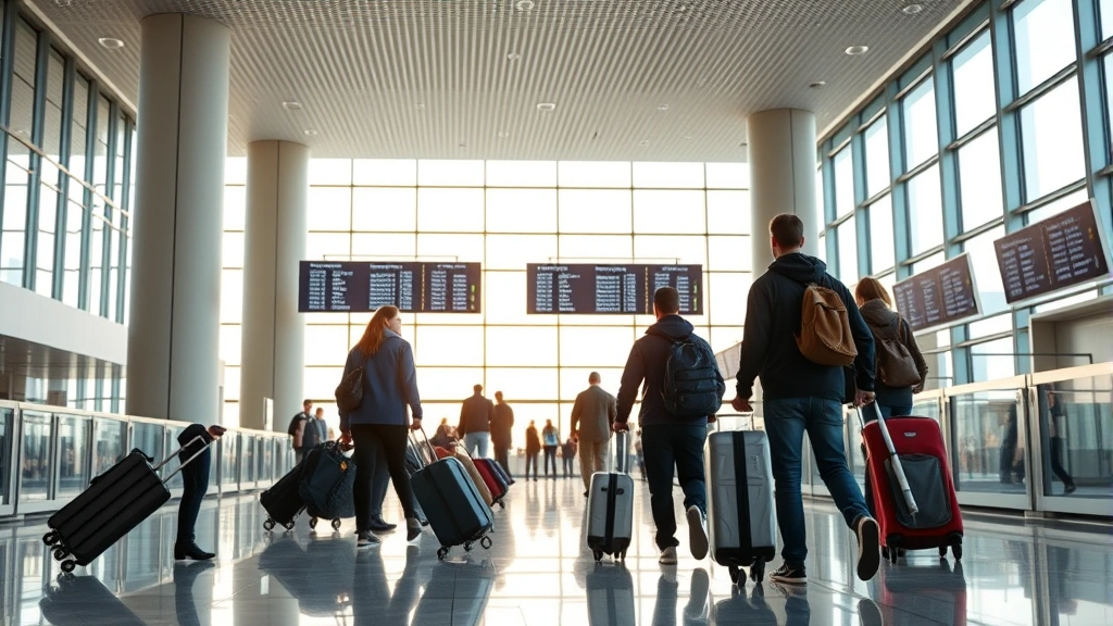 Modern airport terminal departure area with travelers rolling luggage, digital departure boards displaying flight information, check-in counters, and natural light from large windows