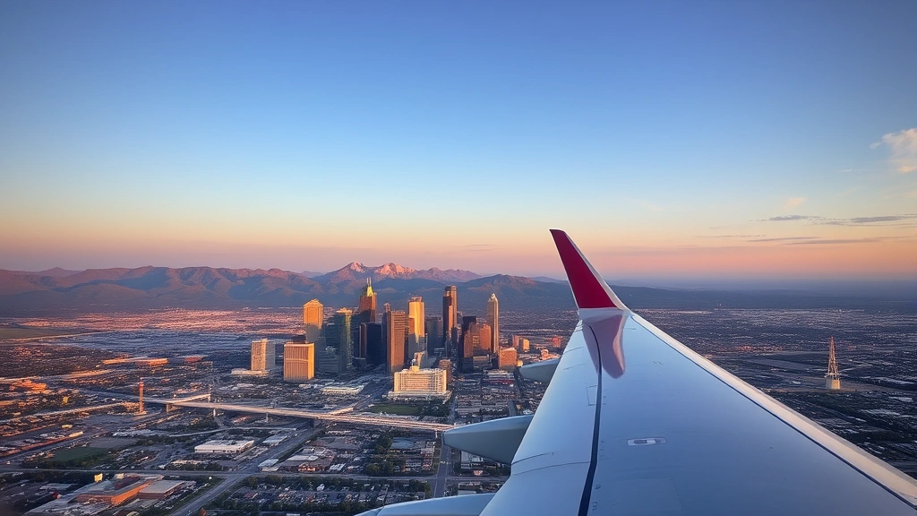 Aerial view of Denver skyline with Rocky Mountains in background during golden hour, commercial airplane descending toward Denver International Airport with wing visible