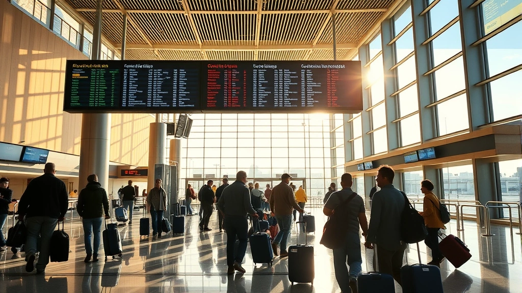 Chicago O'Hare International Airport departure hall with travelers checking bags and consulting flight boards, modern airport architecture with natural light streaming through windows