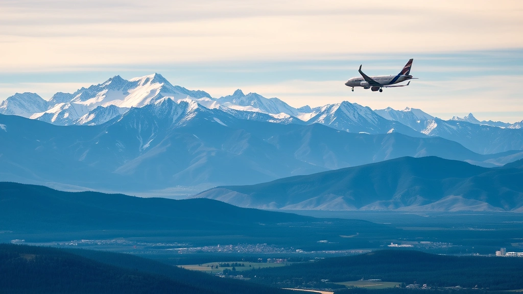 Denver mountain landscape with snow-capped peaks, scenic valley below, and commercial aircraft flying overhead on approach to Denver airport