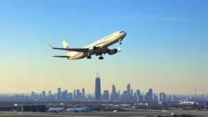 Aerial view of commercial aircraft taking off from Chicago O'Hare International Airport on a clear morning with city skyline visible below