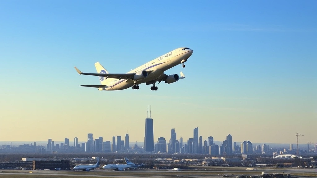 Aerial view of commercial aircraft taking off from Chicago O'Hare International Airport on a clear morning with city skyline visible below