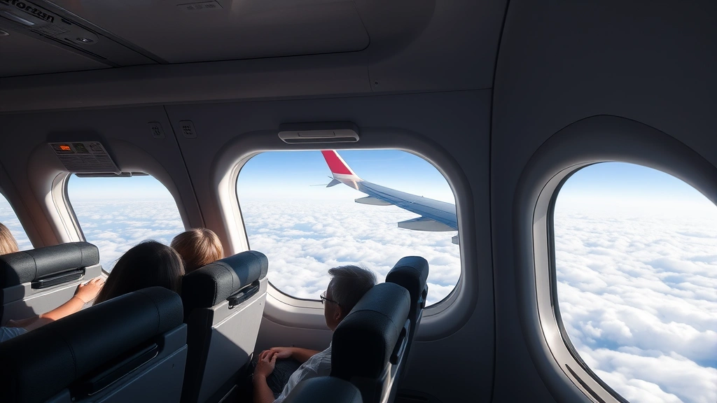 Interior of modern aircraft cabin during flight with passengers relaxed in seats, wing visible through window over clouds during daytime