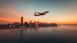 Aerial view of Chicago skyline at sunset with Lake Michigan in foreground, commercial aircraft flying toward O'Hare airport, warm golden hour lighting, photorealistic