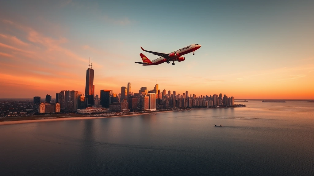 Aerial view of Chicago skyline at sunset with Lake Michigan in foreground, commercial aircraft flying toward O'Hare airport, warm golden hour lighting, photorealistic