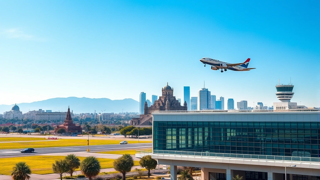 Mexico City skyline with Templo Mayor ruins visible, modern airport terminal building in foreground, clear blue sky, commercial jet approaching runway, photorealistic travel photography