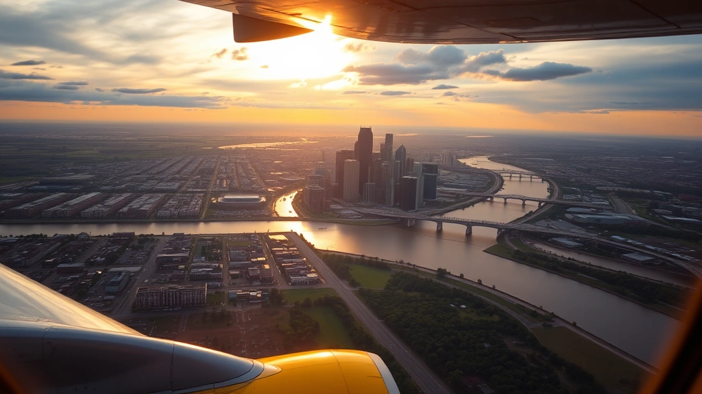 Aerial view of Minneapolis skyline with Mississippi River, downtown skyscrapers, and green spaces visible from airplane window during golden hour, realistic photograph