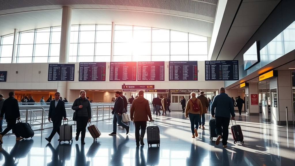 Modern airport terminal interior with departure boards, travelers with luggage walking, natural light from windows, professional travel photography style