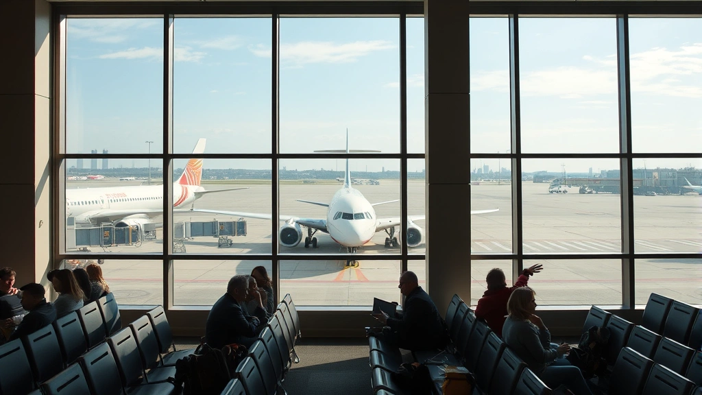 Chicago O'Hare or Midway airport gate area with aircraft visible through windows, comfortable seating, and diverse passengers, realistic documentary-style photography