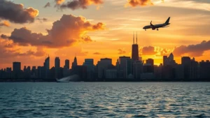 Panoramic view of Chicago's skyline at sunset with Lake Michigan in foreground, commercial aircraft taking off in background from O'Hare International Airport, golden hour lighting, dramatic clouds, photorealistic travel photography