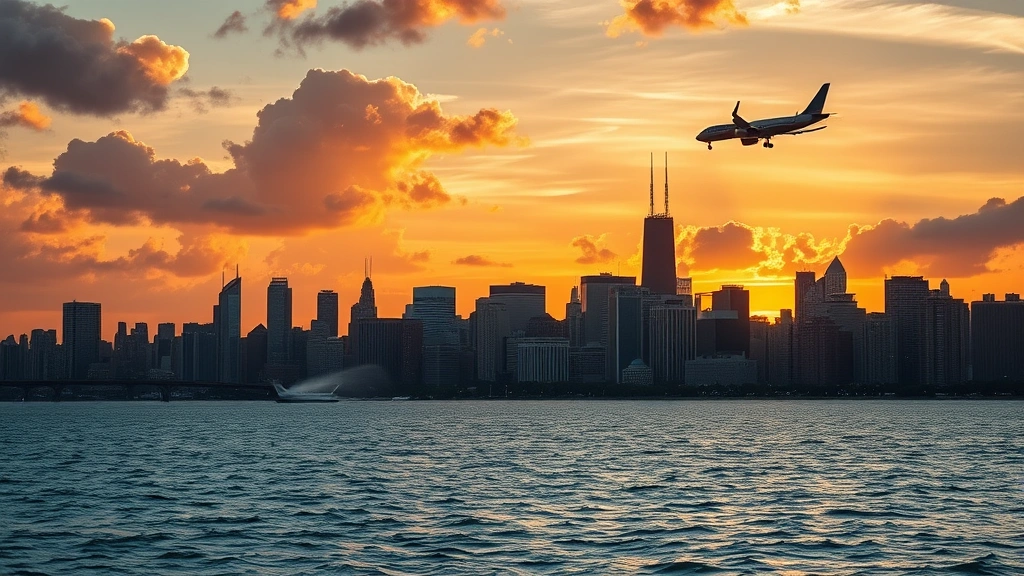 Panoramic view of Chicago's skyline at sunset with Lake Michigan in foreground, commercial aircraft taking off in background from O'Hare International Airport, golden hour lighting, dramatic clouds, photorealistic travel photography