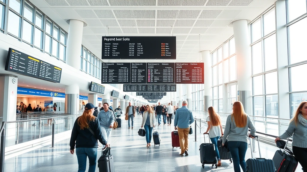 Modern airport terminal interior with travelers walking with luggage through sleek corridors, departure boards displaying flight information, natural light streaming through large windows, busy but organized airport atmosphere, professional travel photography
