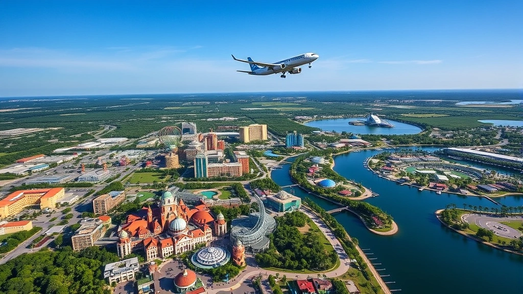 Aerial view of Orlando theme parks with clear blue sky, roller coasters and attractions visible from above, commercial airplane flying overhead approaching Orlando International Airport, sunny Florida landscape with palm trees and lakes